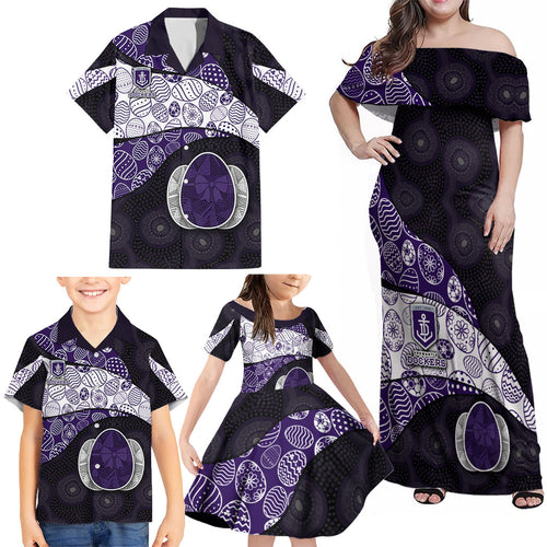 Personalized Fremantle Dockers Football Family Matching Off Shoulder Maxi Dress and Hawaiian Shirt Easter Egg Pattern Purple Monochrome Tribal Dot Style
