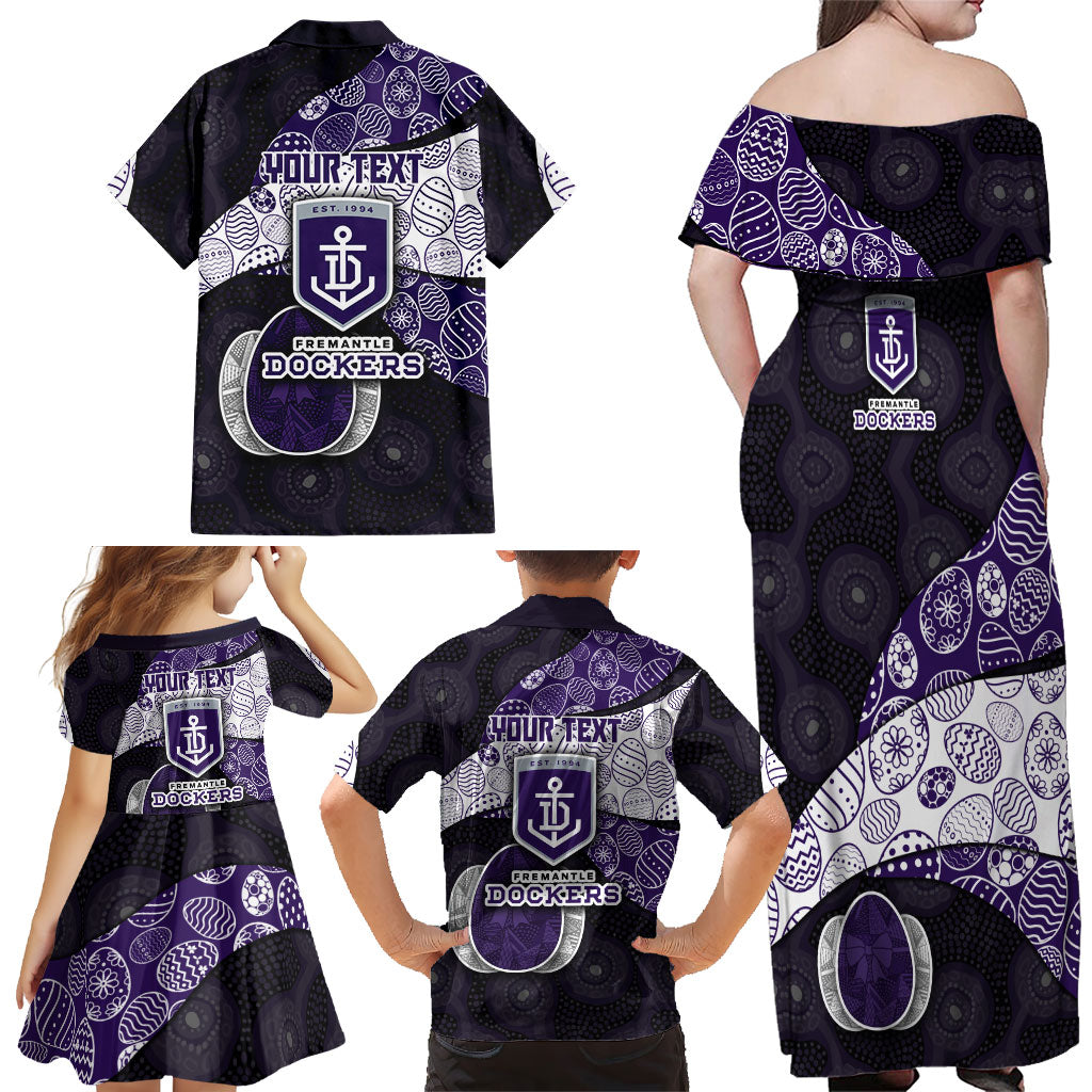Personalized Fremantle Dockers Football Family Matching Off Shoulder Maxi Dress and Hawaiian Shirt Easter Egg Pattern Purple Monochrome Tribal Dot Style