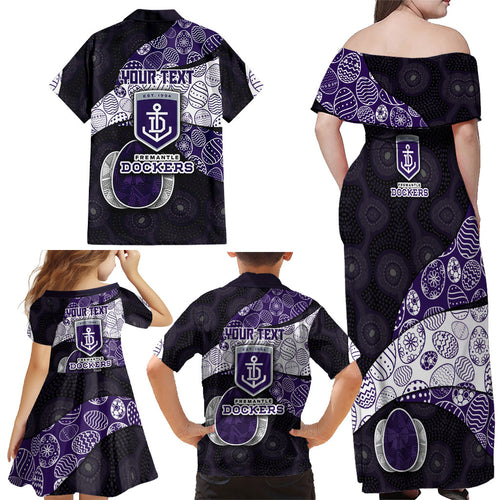 Personalized Fremantle Dockers Football Family Matching Off Shoulder Maxi Dress and Hawaiian Shirt Easter Egg Pattern Purple Monochrome Tribal Dot Style