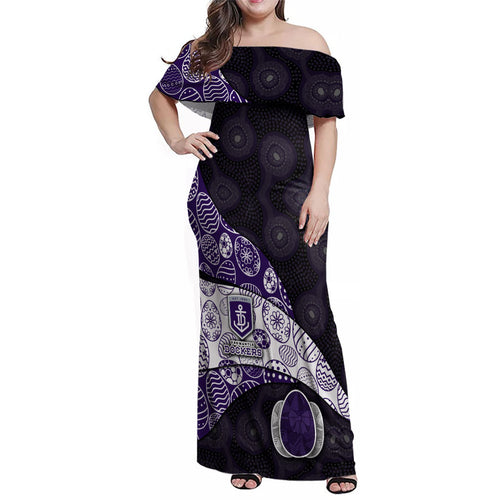 Personalized Fremantle Dockers Football Family Matching Off Shoulder Maxi Dress and Hawaiian Shirt Easter Egg Pattern Purple Monochrome Tribal Dot Style