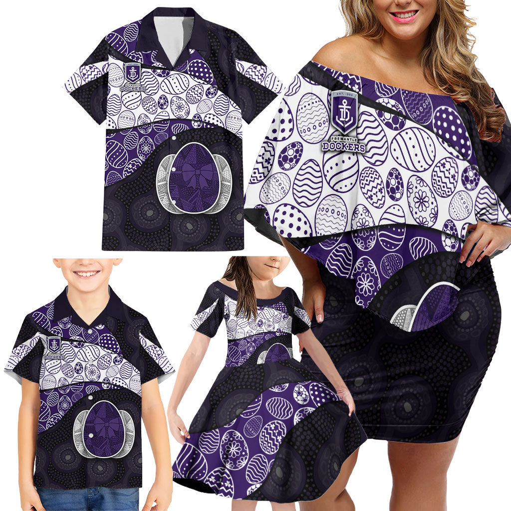 Personalized Fremantle Dockers Football Family Matching Off Shoulder Short Dress and Hawaiian Shirt Easter Egg Pattern Purple Monochrome Tribal Dot Style