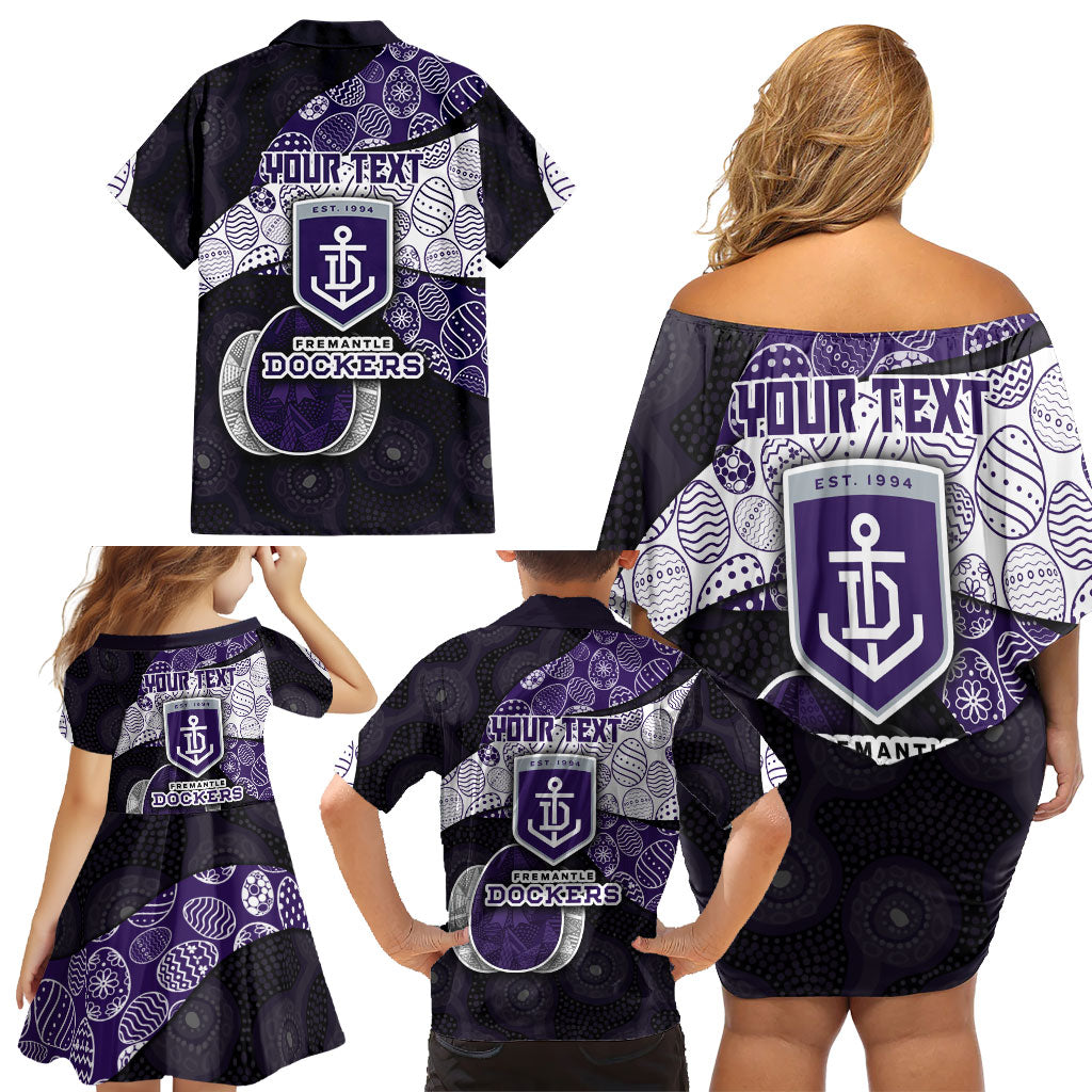 Personalized Fremantle Dockers Football Family Matching Off Shoulder Short Dress and Hawaiian Shirt Easter Egg Pattern Purple Monochrome Tribal Dot Style