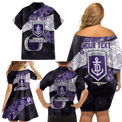 Personalized Fremantle Dockers Football Family Matching Off Shoulder Short Dress and Hawaiian Shirt Easter Egg Pattern Purple Monochrome Tribal Dot Style