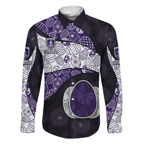 Personalized Fremantle Dockers Football Family Matching Off Shoulder Short Dress and Hawaiian Shirt Easter Egg Pattern Purple Monochrome Tribal Dot Style