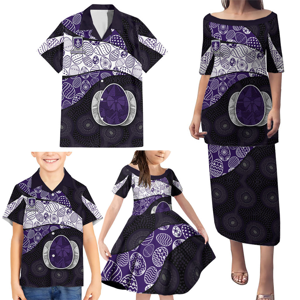 Personalized Fremantle Dockers Football Family Matching Puletasi and Hawaiian Shirt Easter Egg Pattern Purple Monochrome Tribal Dot Style