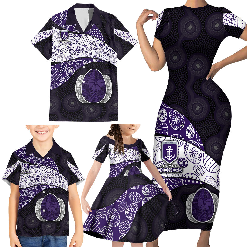 Personalized Fremantle Dockers Football Family Matching Short Sleeve Bodycon Dress and Hawaiian Shirt Easter Egg Pattern Purple Monochrome Tribal Dot Style