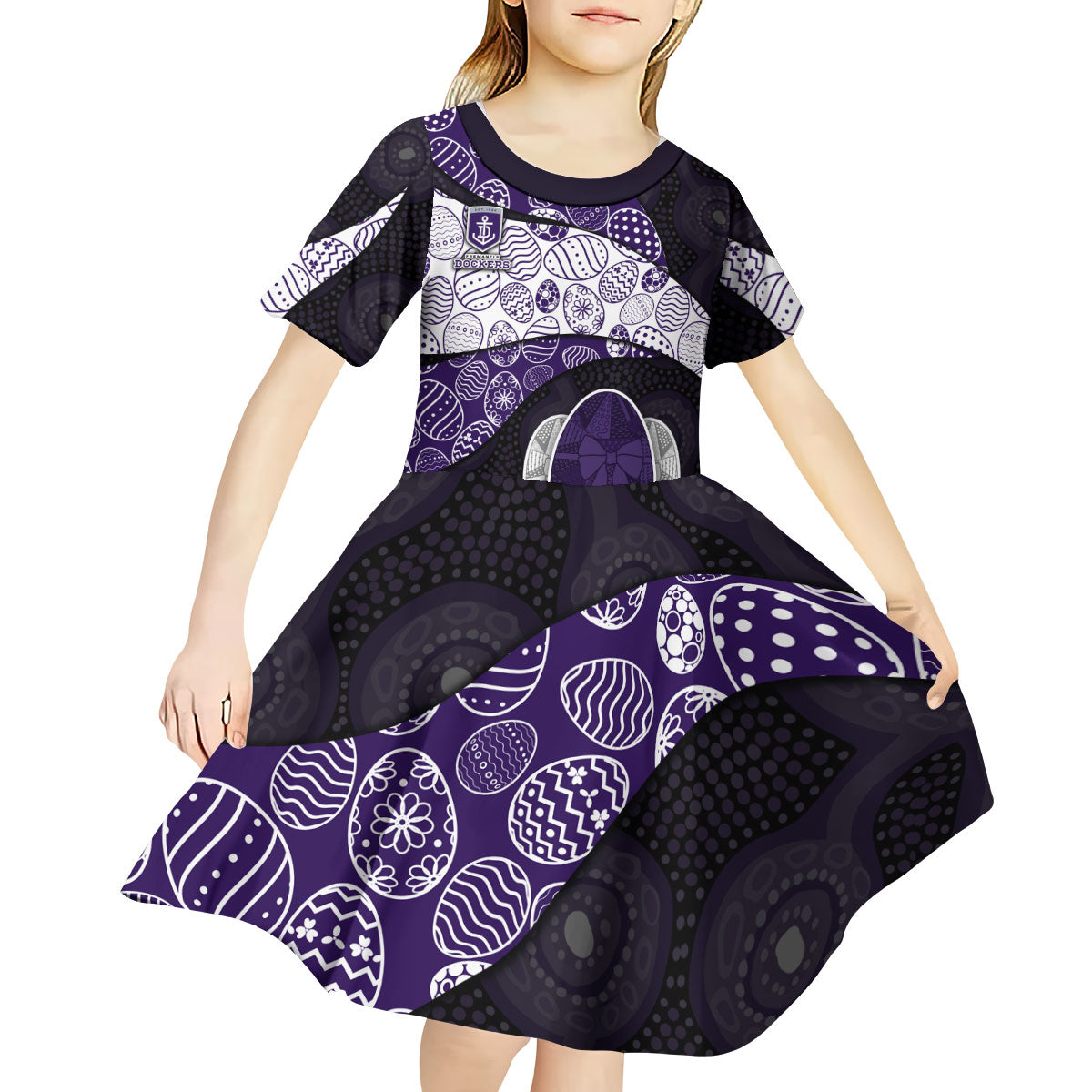 Personalized Fremantle Dockers Football Kid Short Sleeve Dress Easter Egg Pattern Purple Monochrome Tribal Dot Style
