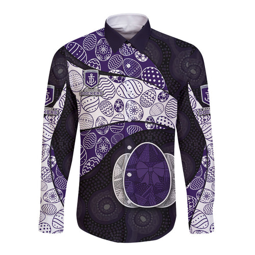 Personalized Fremantle Dockers Football Long Sleeve Button Shirt Easter Egg Pattern Purple Monochrome Tribal Dot Style