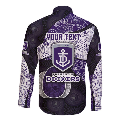 Personalized Fremantle Dockers Football Long Sleeve Button Shirt Easter Egg Pattern Purple Monochrome Tribal Dot Style