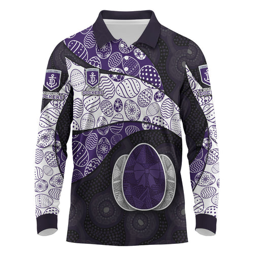 Personalized Fremantle Dockers Football Long Sleeve Polo Shirt Easter Egg Pattern Purple Monochrome Tribal Dot Style