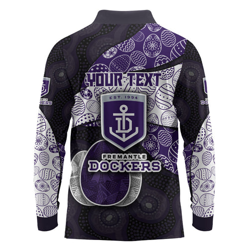 Personalized Fremantle Dockers Football Long Sleeve Polo Shirt Easter Egg Pattern Purple Monochrome Tribal Dot Style