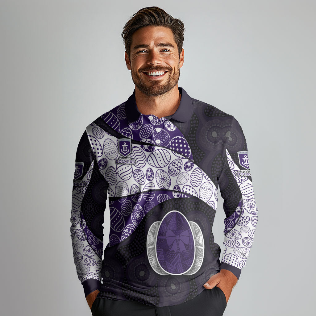 Personalized Fremantle Dockers Football Long Sleeve Polo Shirt Easter Egg Pattern Purple Monochrome Tribal Dot Style
