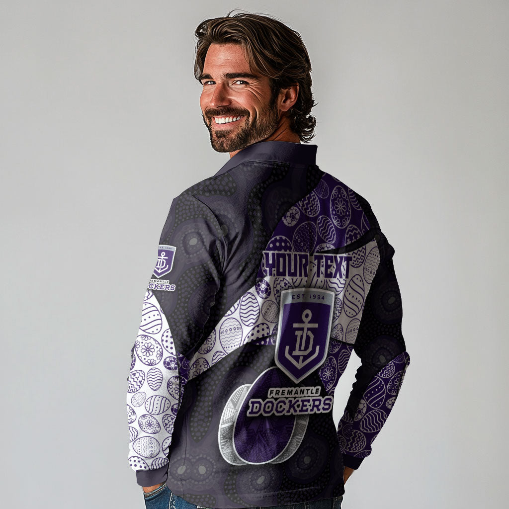 Personalized Fremantle Dockers Football Long Sleeve Polo Shirt Easter Egg Pattern Purple Monochrome Tribal Dot Style