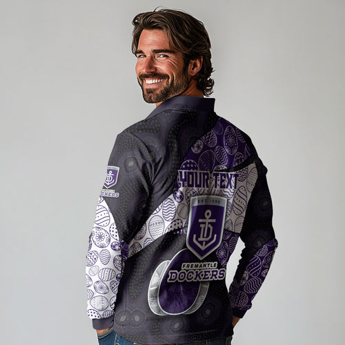 Personalized Fremantle Dockers Football Long Sleeve Polo Shirt Easter Egg Pattern Purple Monochrome Tribal Dot Style