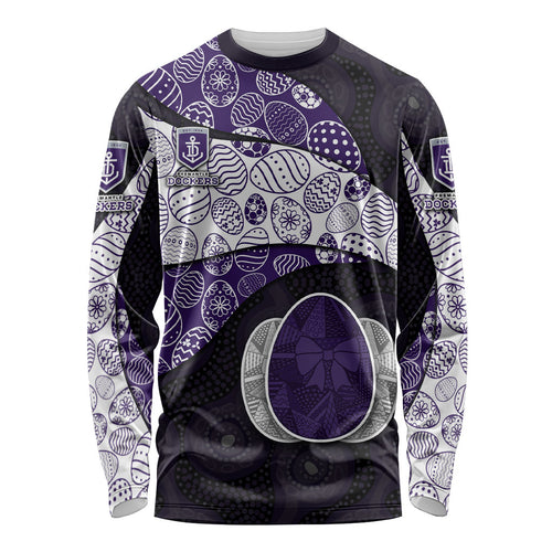 Personalized Fremantle Dockers Football Long Sleeve Shirt Easter Egg Pattern Purple Monochrome Tribal Dot Style