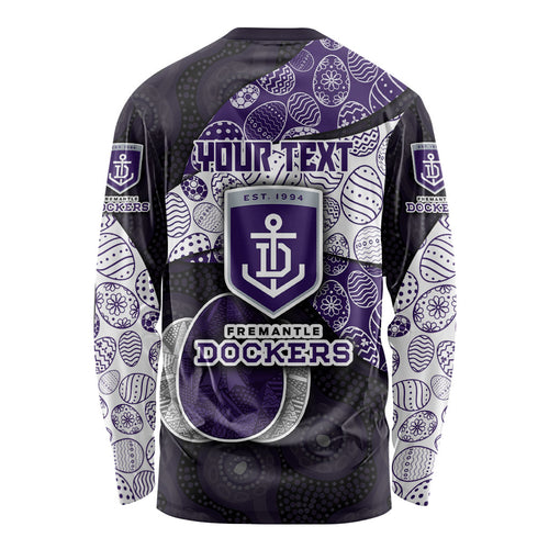Personalized Fremantle Dockers Football Long Sleeve Shirt Easter Egg Pattern Purple Monochrome Tribal Dot Style