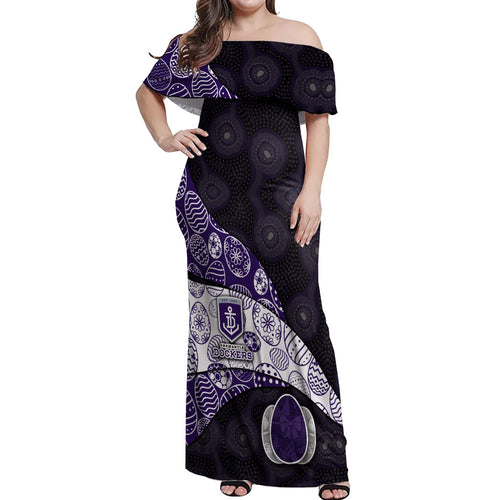Personalized Fremantle Dockers Football Off Shoulder Maxi Dress Easter Egg Pattern Purple Monochrome Tribal Dot Style