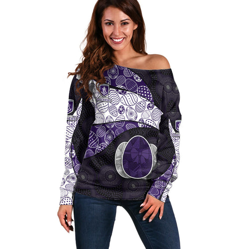 Personalized Fremantle Dockers Football Off Shoulder Sweater Easter Egg Pattern Purple Monochrome Tribal Dot Style