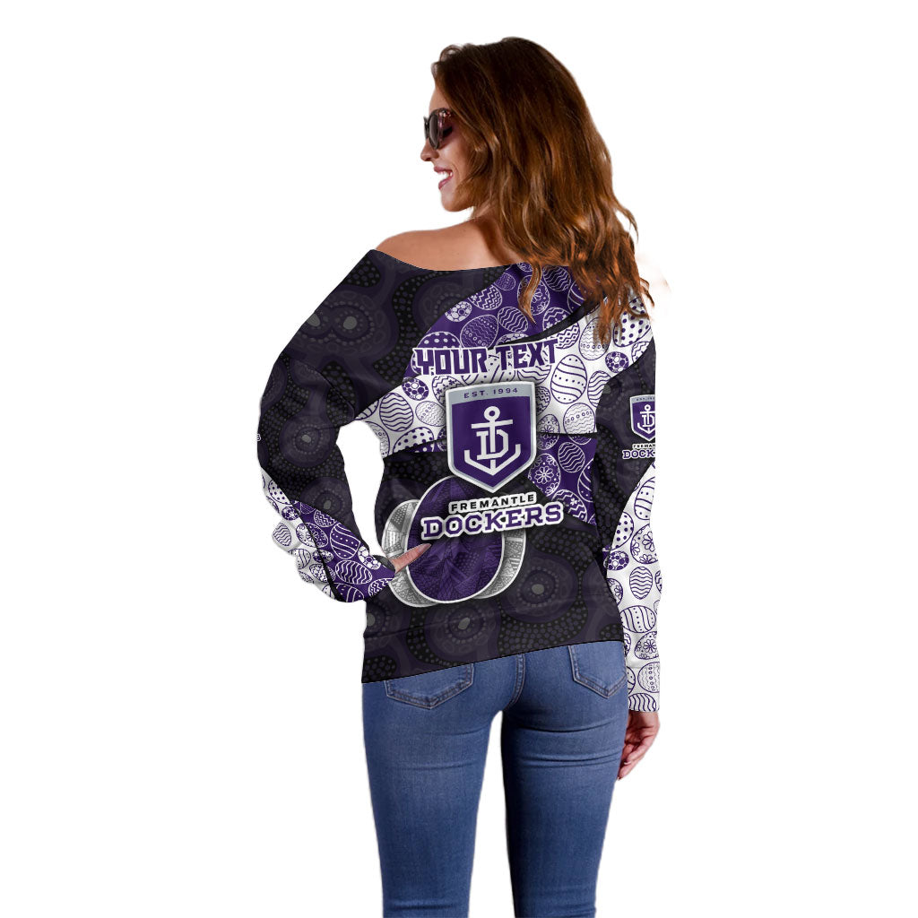 Personalized Fremantle Dockers Football Off Shoulder Sweater Easter Egg Pattern Purple Monochrome Tribal Dot Style