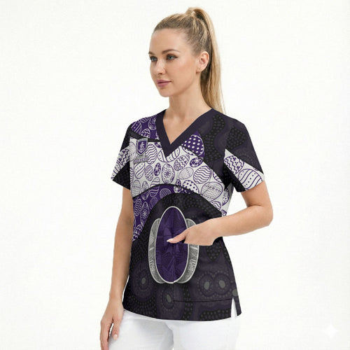 Personalized Fremantle Dockers Football Scrub Top Easter Egg Pattern Purple Monochrome Tribal Dot Style