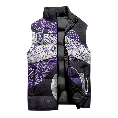 Personalized Fremantle Dockers Football Sleeveless Puffer Jacket Easter Egg Pattern Purple Monochrome Tribal Dot Style