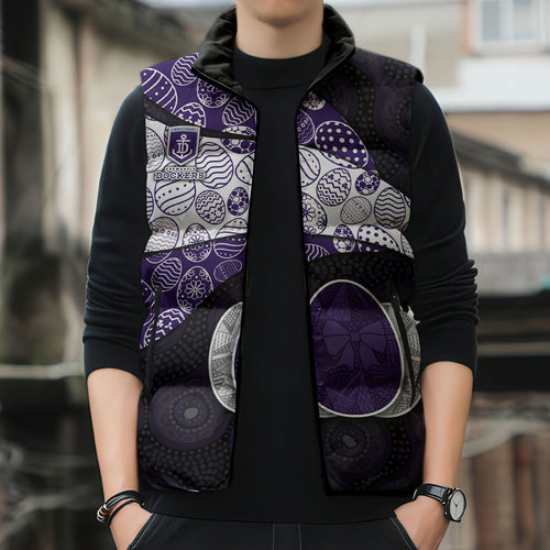 Personalized Fremantle Dockers Football Sleeveless Puffer Jacket Easter Egg Pattern Purple Monochrome Tribal Dot Style