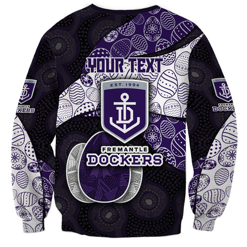 Personalized Fremantle Dockers Football Sweatshirt Easter Egg Pattern Purple Monochrome Tribal Dot Style