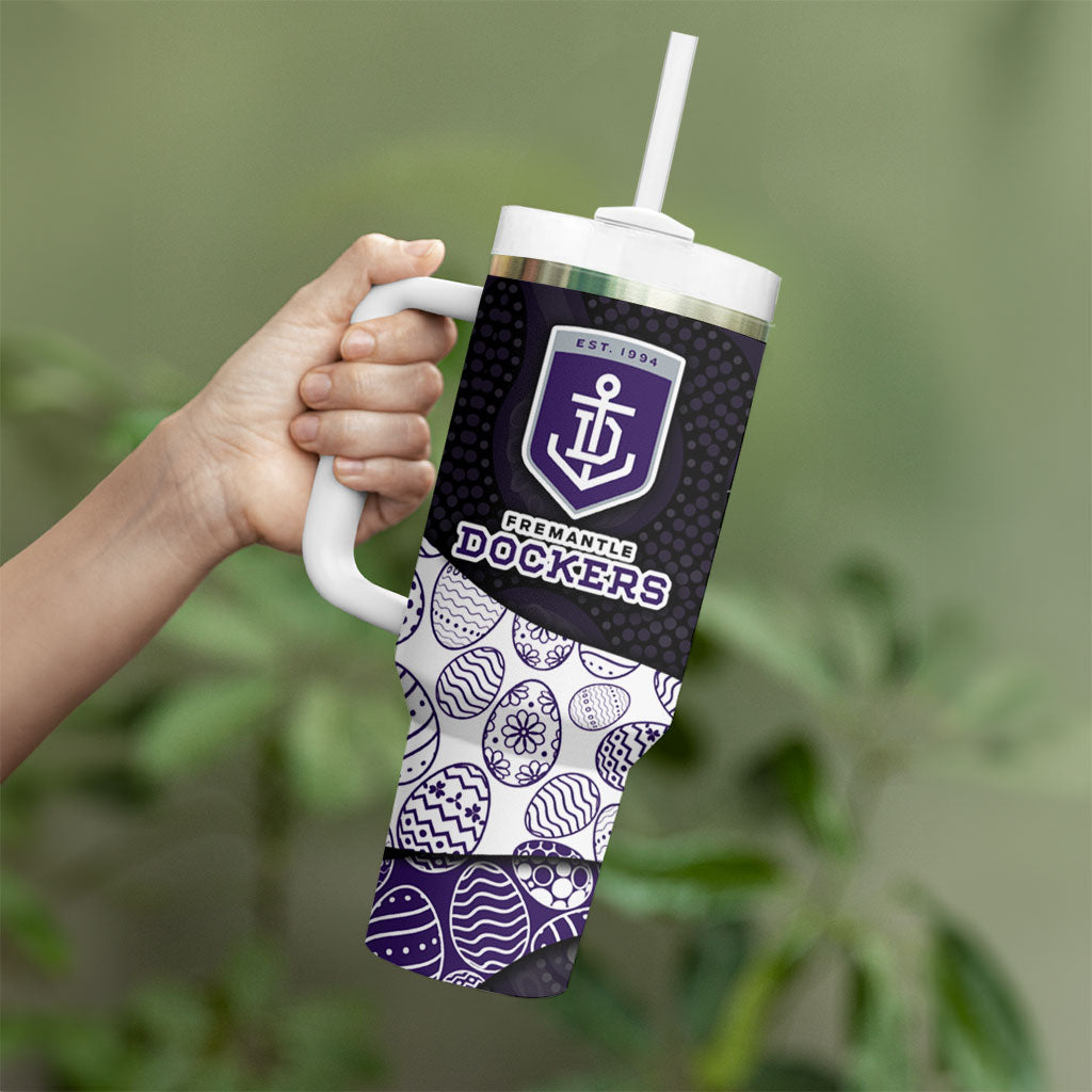 Personalized Fremantle Dockers Football Tumbler With Handle Easter Egg Pattern Purple Monochrome Tribal Dot Style