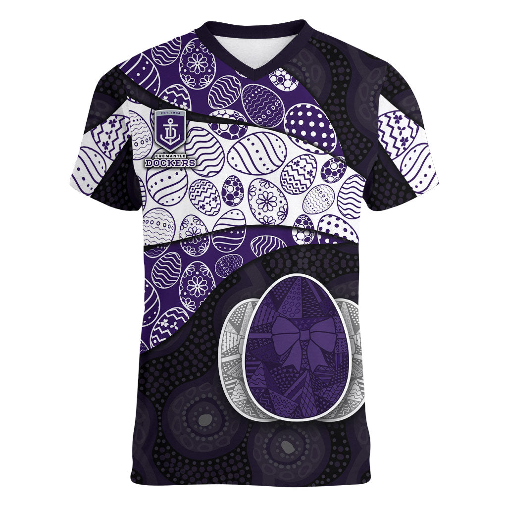 Personalized Fremantle Dockers Football Women V-Neck T-Shirt Easter Egg Pattern Purple Monochrome Tribal Dot Style