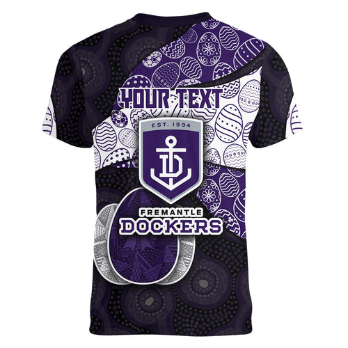 Personalized Fremantle Dockers Football Women V-Neck T-Shirt Easter Egg Pattern Purple Monochrome Tribal Dot Style