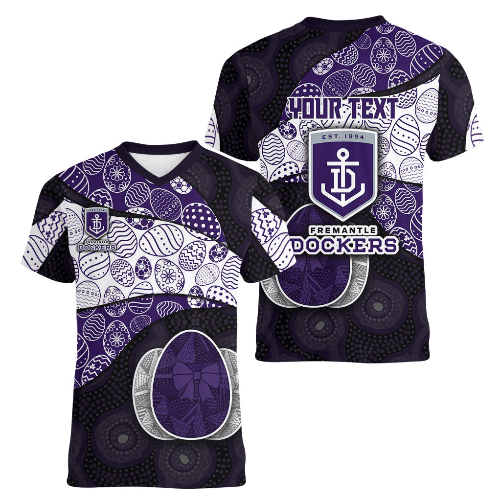 Personalized Fremantle Dockers Football Women V-Neck T-Shirt Easter Egg Pattern Purple Monochrome Tribal Dot Style