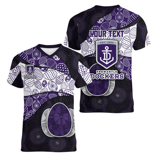 Personalized Fremantle Dockers Football Women V-Neck T-Shirt Easter Egg Pattern Purple Monochrome Tribal Dot Style