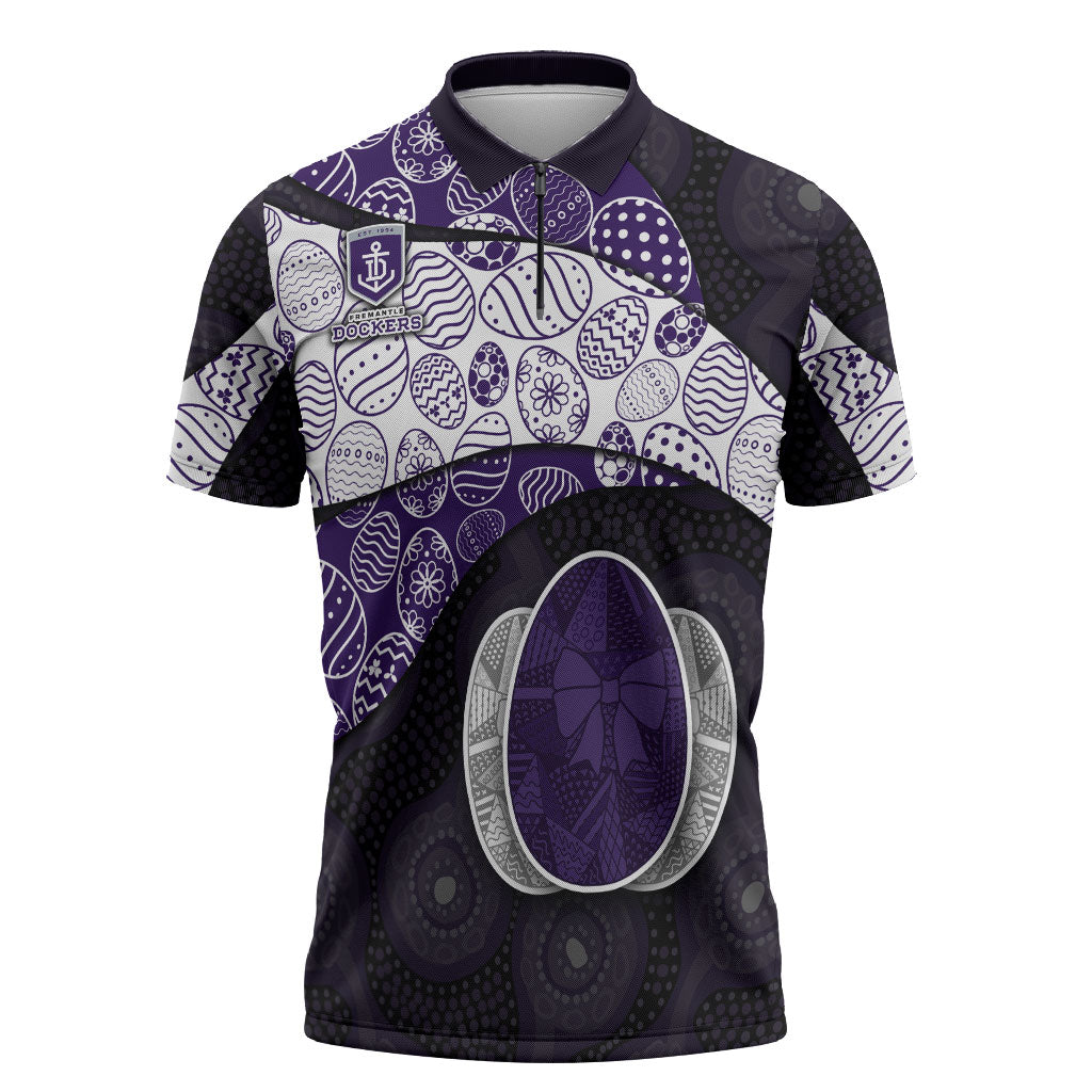 Personalized Fremantle Dockers Football Zipper Polo Shirt Easter Egg Pattern Purple Monochrome Tribal Dot Style