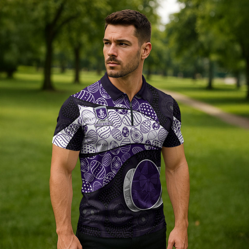 Personalized Fremantle Dockers Football Zipper Polo Shirt Easter Egg Pattern Purple Monochrome Tribal Dot Style