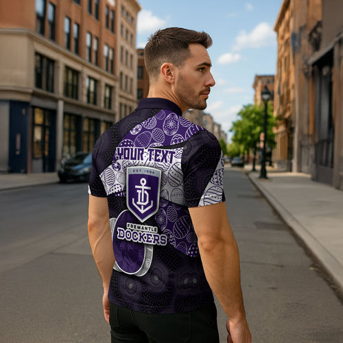Personalized Fremantle Dockers Football Zipper Polo Shirt Easter Egg Pattern Purple Monochrome Tribal Dot Style