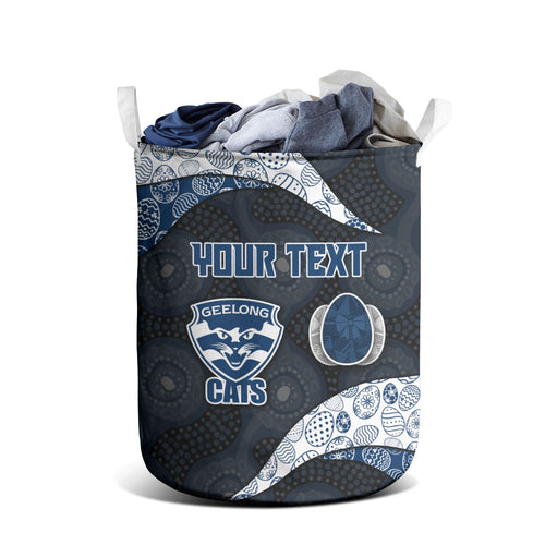 Personalized Geelong Cats Football Laundry Basket Easter Egg Pattern Blue Monochrome Tribal Dot Style
