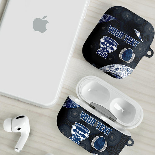 Personalized Geelong Cats Football AirPods Case Easter Egg Pattern Blue Monochrome Tribal Dot Style