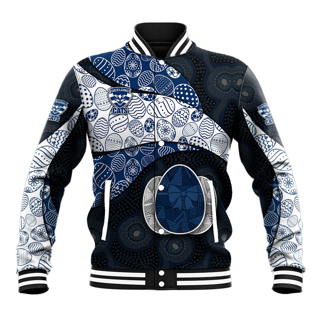 Personalized Geelong Cats Football Baseball Jacket Easter Egg Pattern Blue Monochrome Tribal Dot Style