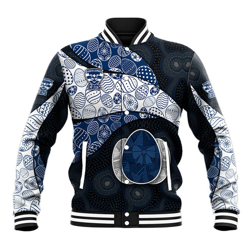 Personalized Geelong Cats Football Baseball Jacket Easter Egg Pattern Blue Monochrome Tribal Dot Style