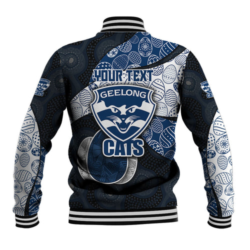 Personalized Geelong Cats Football Baseball Jacket Easter Egg Pattern Blue Monochrome Tribal Dot Style