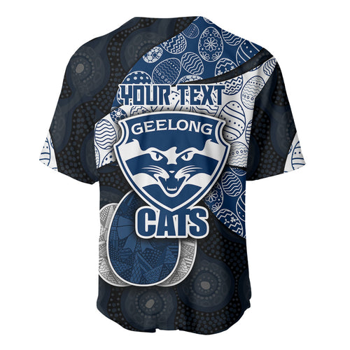 Personalized Geelong Cats Football Baseball Jersey Easter Egg Pattern Blue Monochrome Tribal Dot Style