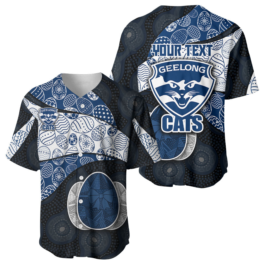 Personalized Geelong Cats Football Baseball Jersey Easter Egg Pattern Blue Monochrome Tribal Dot Style