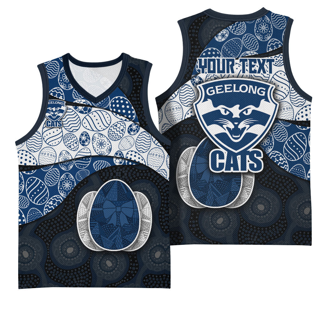 Personalized Geelong Cats Football Basketball Jersey Easter Egg Pattern Blue Monochrome Tribal Dot Style