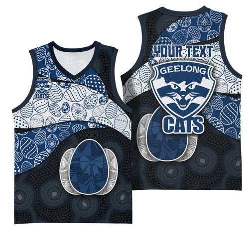 Personalized Geelong Cats Football Basketball Jersey Easter Egg Pattern Blue Monochrome Tribal Dot Style