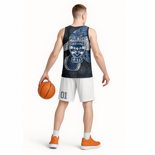 Personalized Geelong Cats Football Basketball Jersey Easter Egg Pattern Blue Monochrome Tribal Dot Style