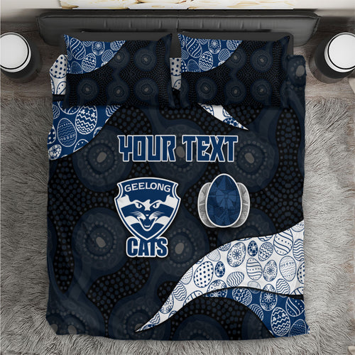Personalized Geelong Cats Football Bedding Set Easter Egg Pattern Blue Monochrome Tribal Dot Style