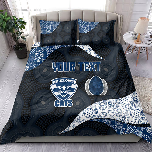 Personalized Geelong Cats Football Bedding Set Easter Egg Pattern Blue Monochrome Tribal Dot Style