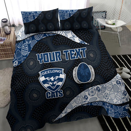 Personalized Geelong Cats Football Bedding Set Easter Egg Pattern Blue Monochrome Tribal Dot Style