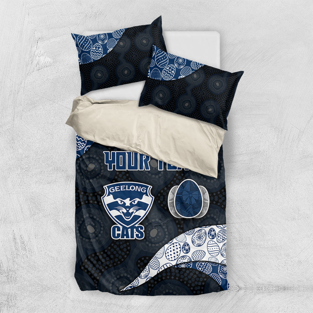 Personalized Geelong Cats Football Bedding Set Easter Egg Pattern Blue Monochrome Tribal Dot Style