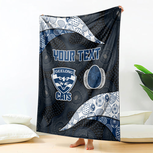 Personalized Geelong Cats Football Blanket Easter Egg Pattern Blue Monochrome Tribal Dot Style